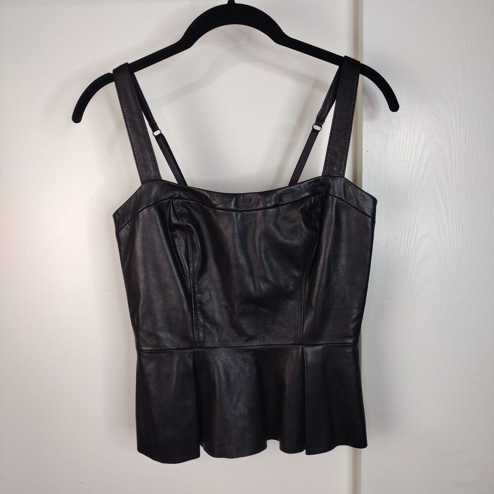 Bebe Genuine Leather Peplum Spaghetti Strap Biker Top Womens XS Black Soft